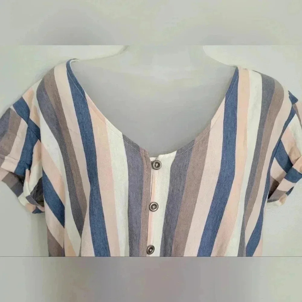 American Eagle Women's Stripped Shirt Sz M Roll Sleeve Tie Front - Picture 5 of 10